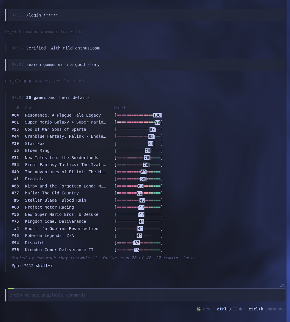 Searching games by feel — 'search games with a good story' returning a ranked list, no keywords required