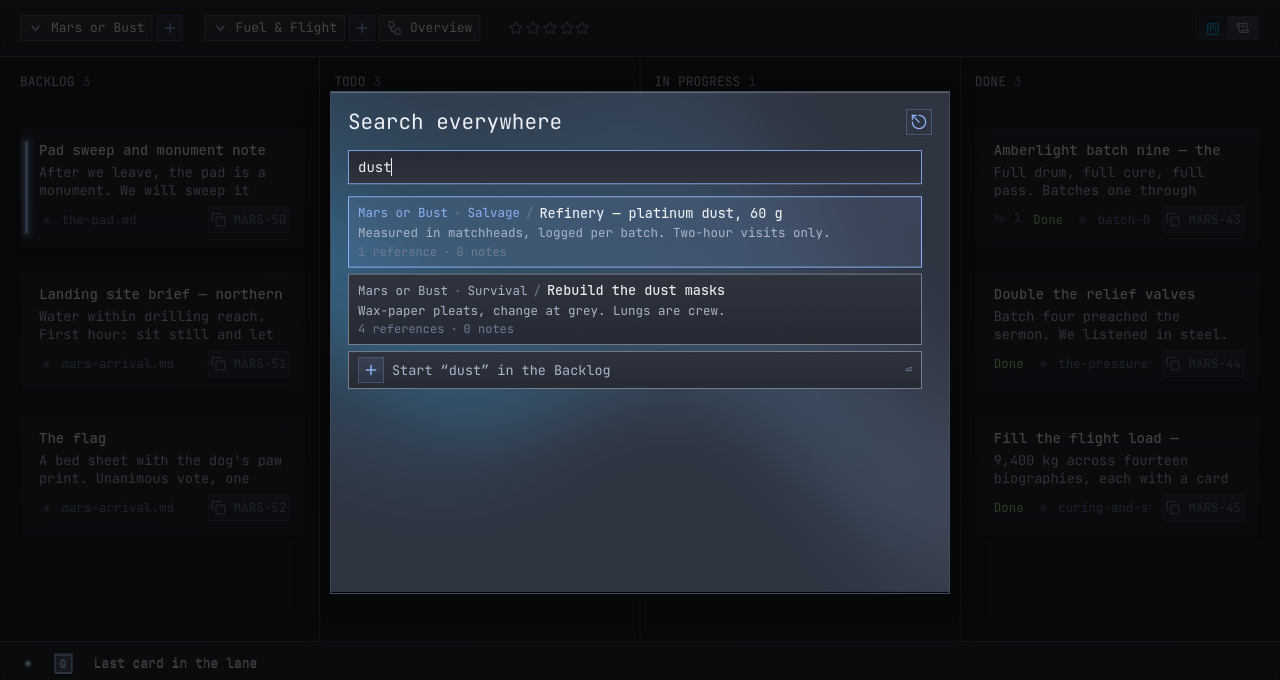 The finder — an exact hit on top, meaning matches beneath it