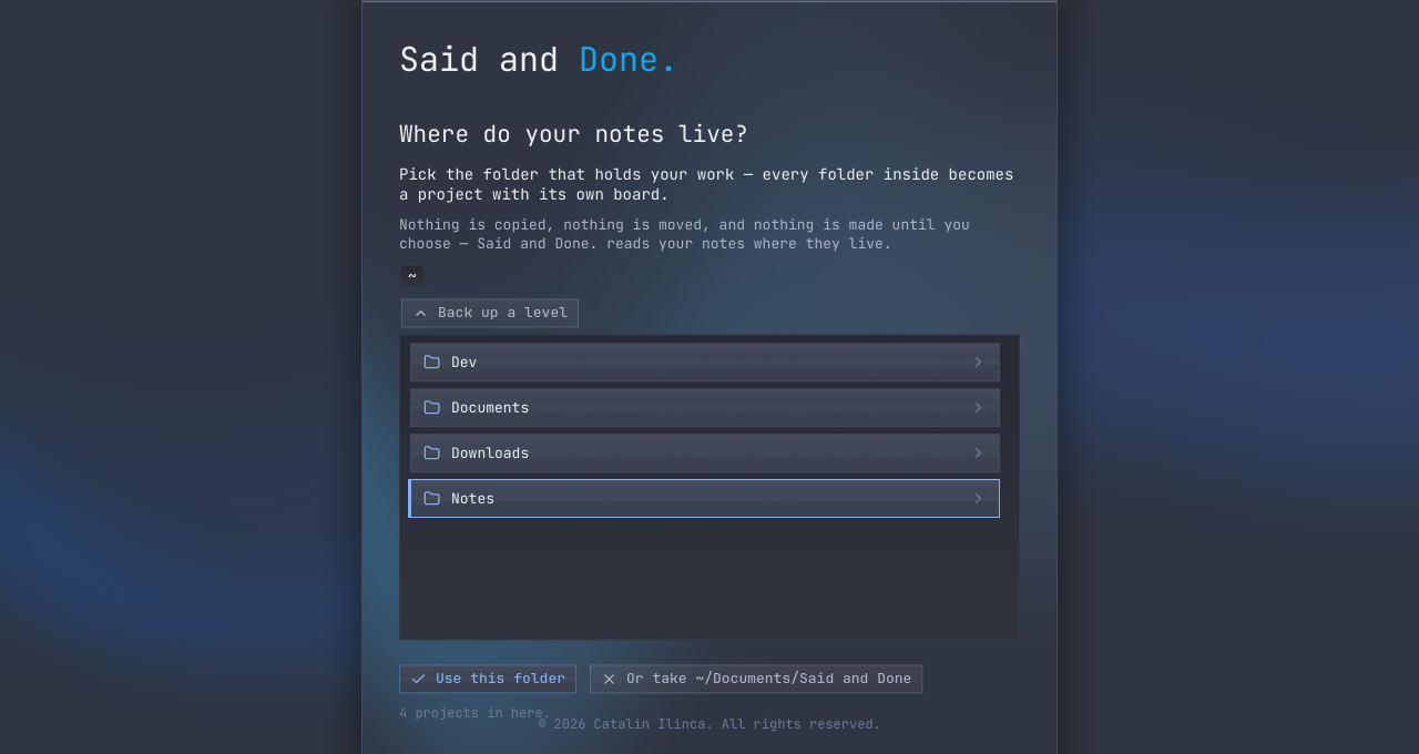 The first-boot folder picker, walking the home folder